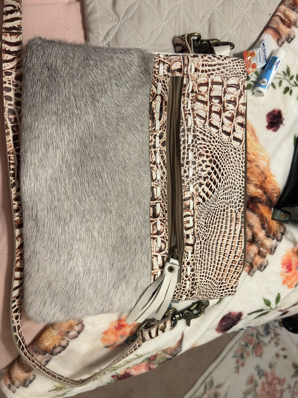 Myra Bag Gray Haircalf & Croc-Print Crossbody
